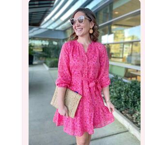 Vineyard Vines Pink Scarf Print Front Tie Button Down Dress, size S